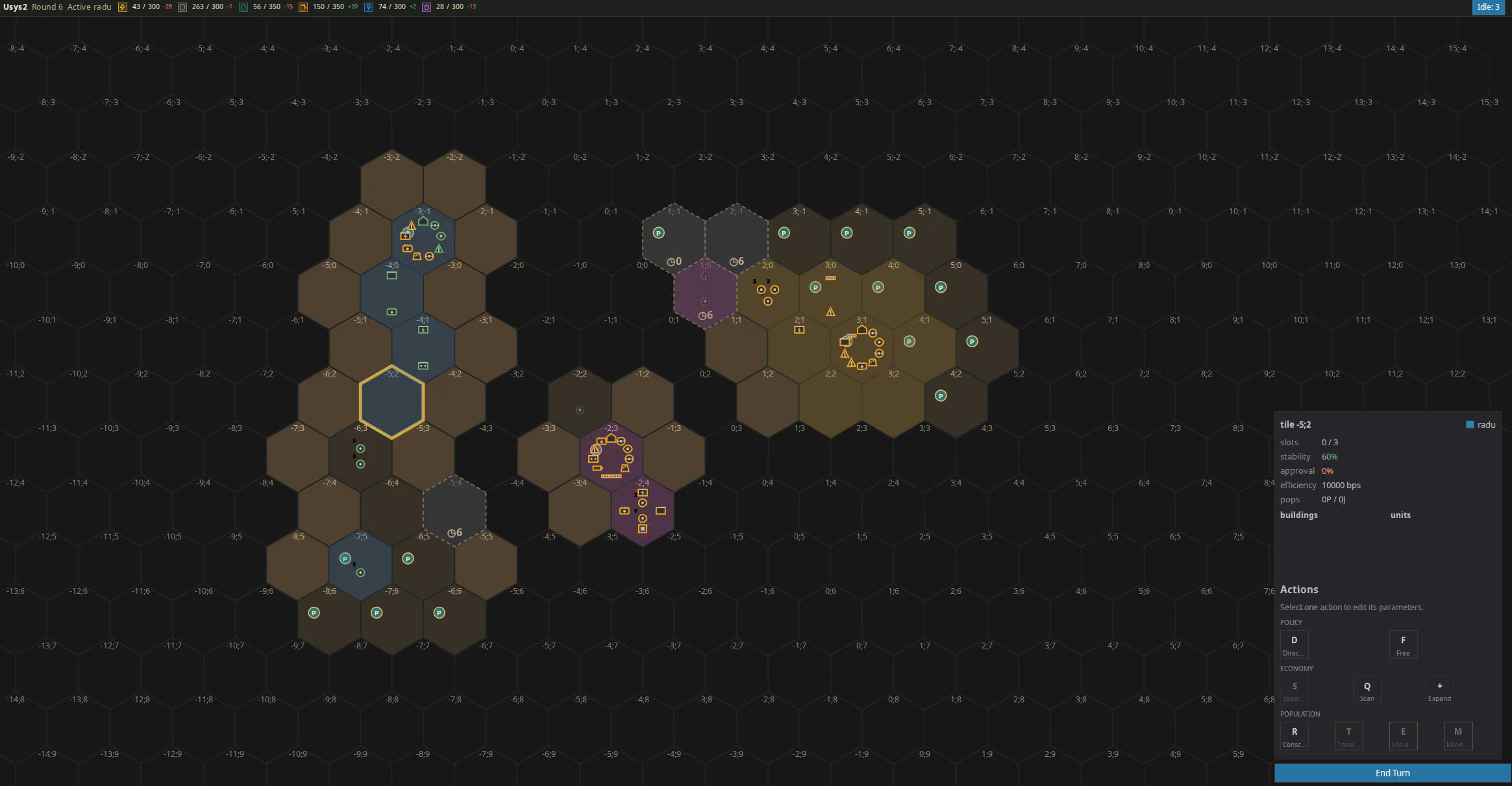 The Round 5 underground map after mining, espionage, and shared vision revealed several neighboring states.
